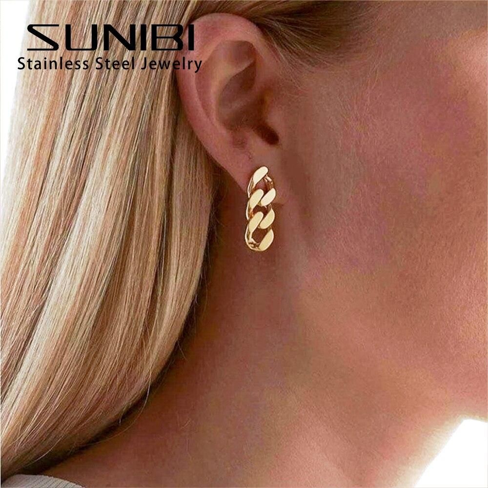 SUNIBI Fashion Stainless Steel Stud Earrings for Women Cuban Link Chain Gold Plated Dangle Earrings Rock Punk Jewelry Wholesale