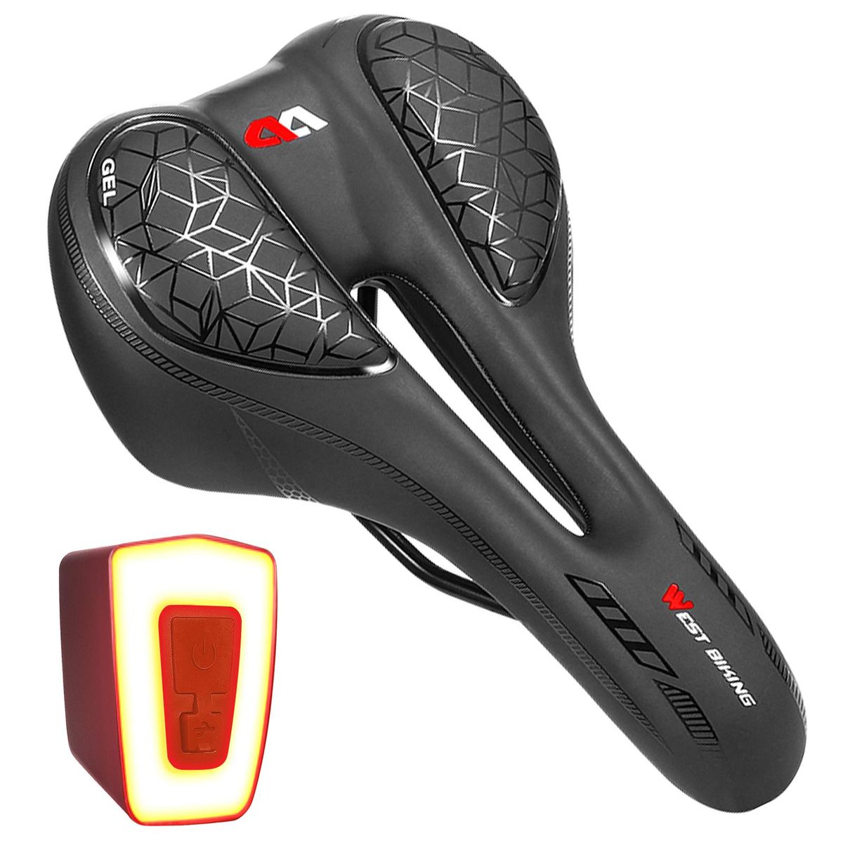 Bike Seat Padded Bicycle Saddle Cushion with Removable Rechargeable LED Tail Light for Men Women MTB Mountain Road Bike Cycling
