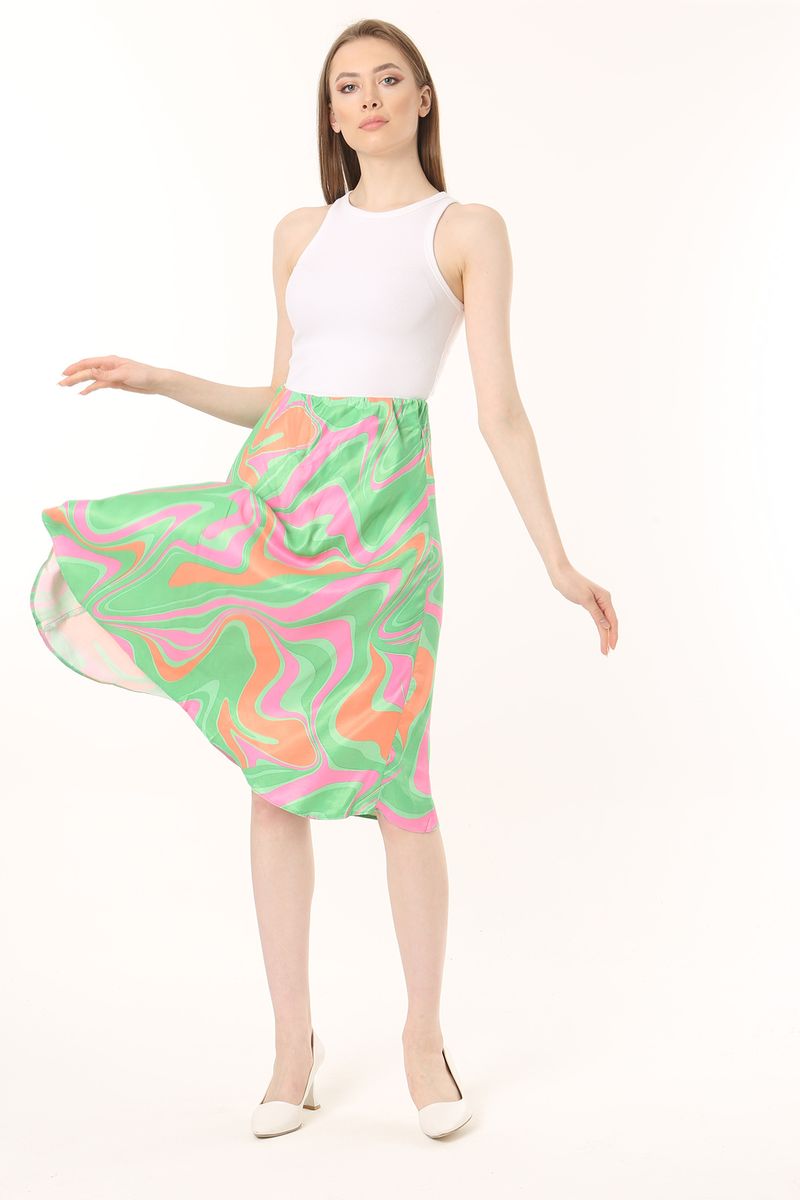 Women Green Frill Edged Abstract Printed Midi Sateen Skirt