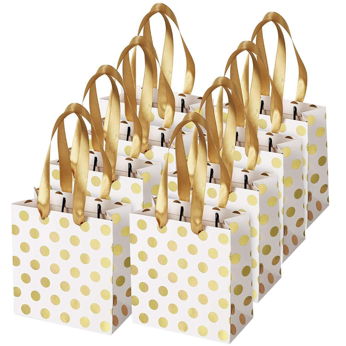 Small Gift Bags with Ribbon Handles(Metallic Dots 8 Pack Bulk)