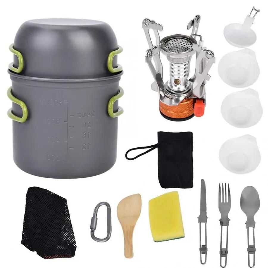 Outdoor Camping Cookware Set 1-2 People Picnic Cooking Pot Stove Kit Portable Outdoor Tableware With Foldable Spoon Fork