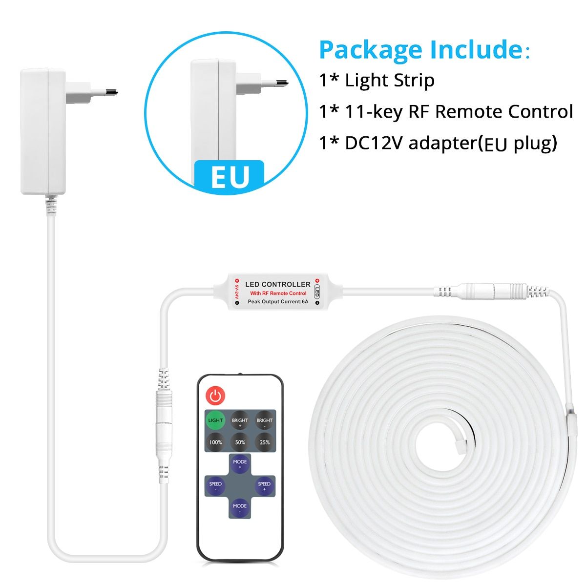 DC12V Neon Light LED Strip With RF Remote Control SMD 2835 120LEDs/M Flexible Rope Tube Lamp Waterproof For Home Christmas Decor-EU Plug Set-Yellow-3m-