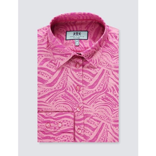 Women's Berry & Pink Jacquard Self Print Fitted Shirt - Single Cuff