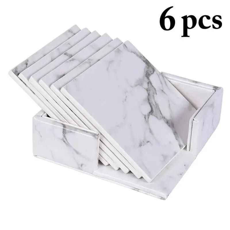 6pcs Creative PU Leather Marble Coaster Drink Coffee Cup Mat Tea Pad Dining Table Placemats Table Black White Chic Decoration