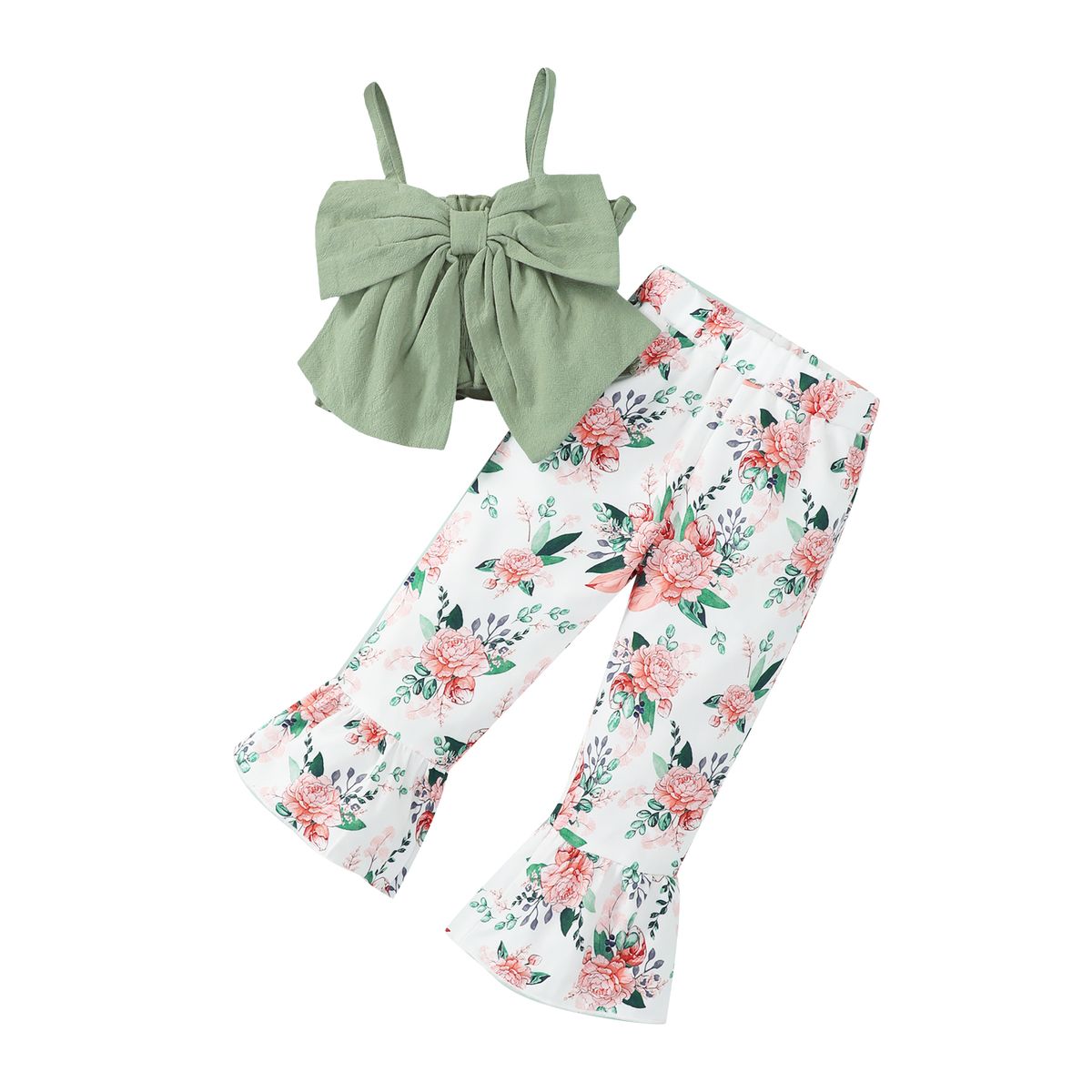 1-4 Years Kid Girl 2PCS Set Bow Slip Top+Floral Bell-bottoms