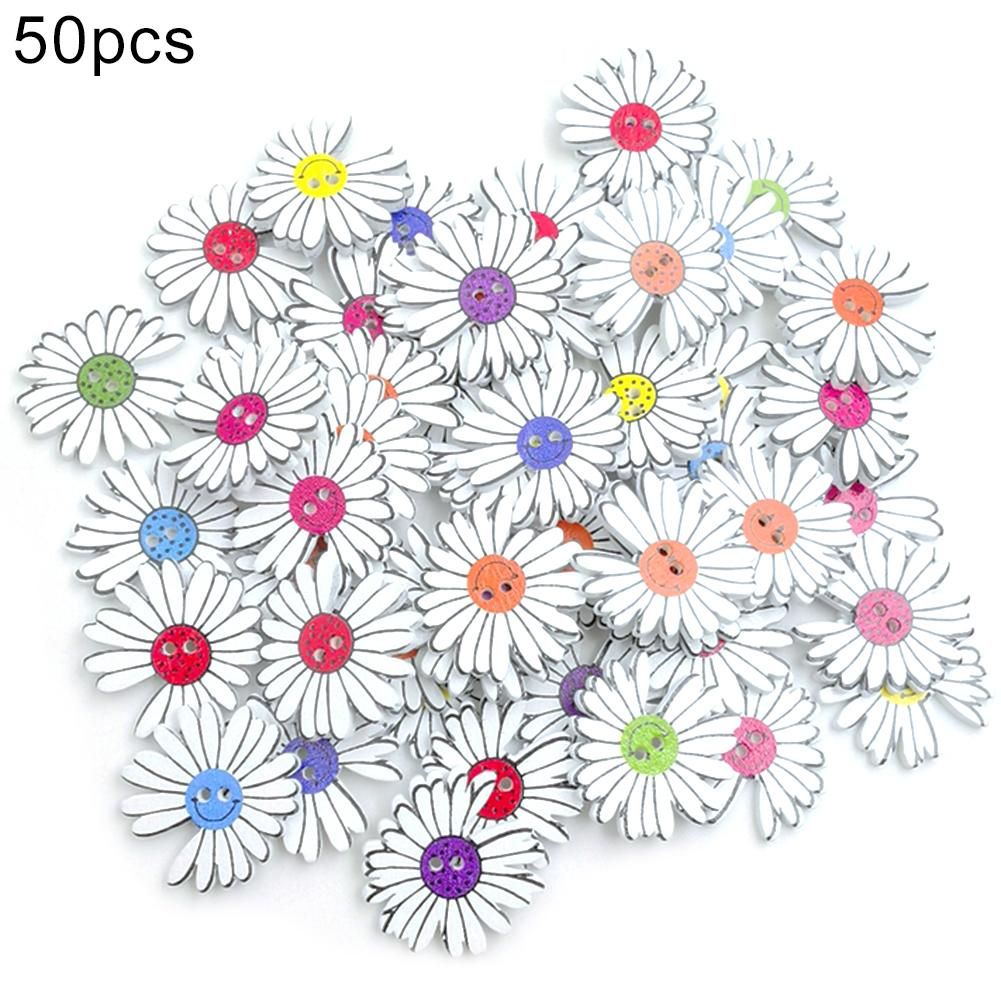 50Pcs Marguerite Shape 2 Holes Wooden Buttons Clothes Sewing Scrapbooking Decor-Mix Color