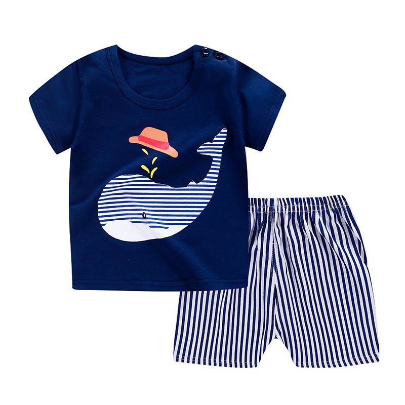 Set Of 2 Cartoon Animal Blue Whale T-Shirt Shorts Set Striped Soft Cotton Girls Boys Toddler Clothes