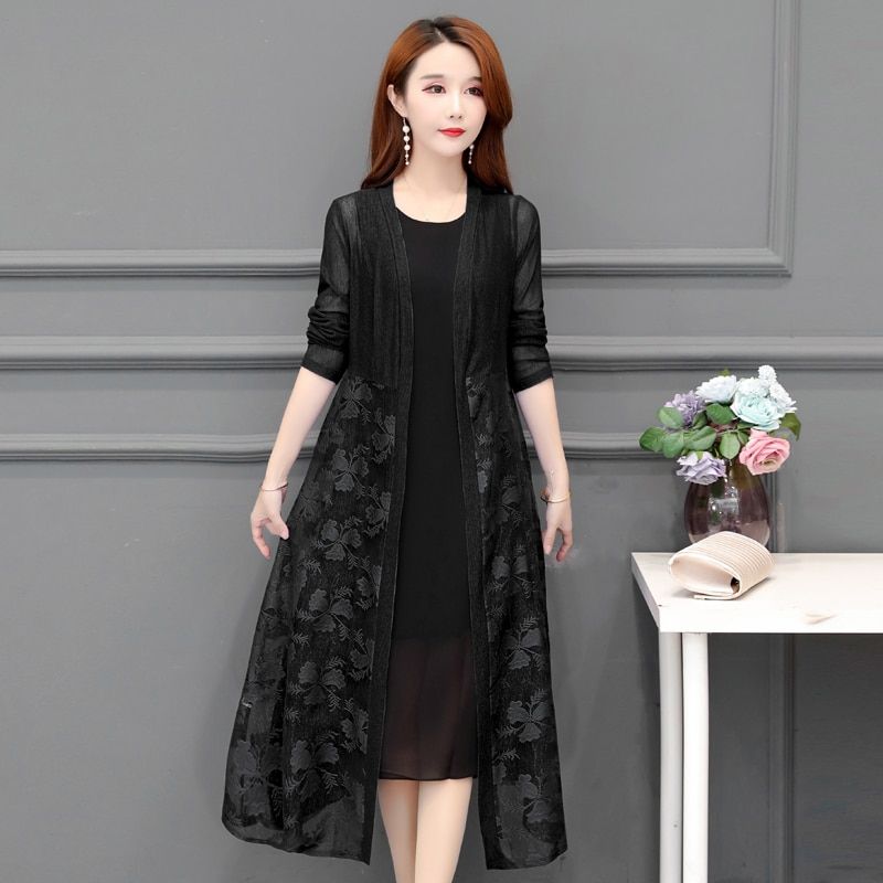 Women Cardigans Long Kimonos Summer Long Sleeve Sun-protection Lace Floral Long Coats Plus Size XL~Casual Lady Cardigan