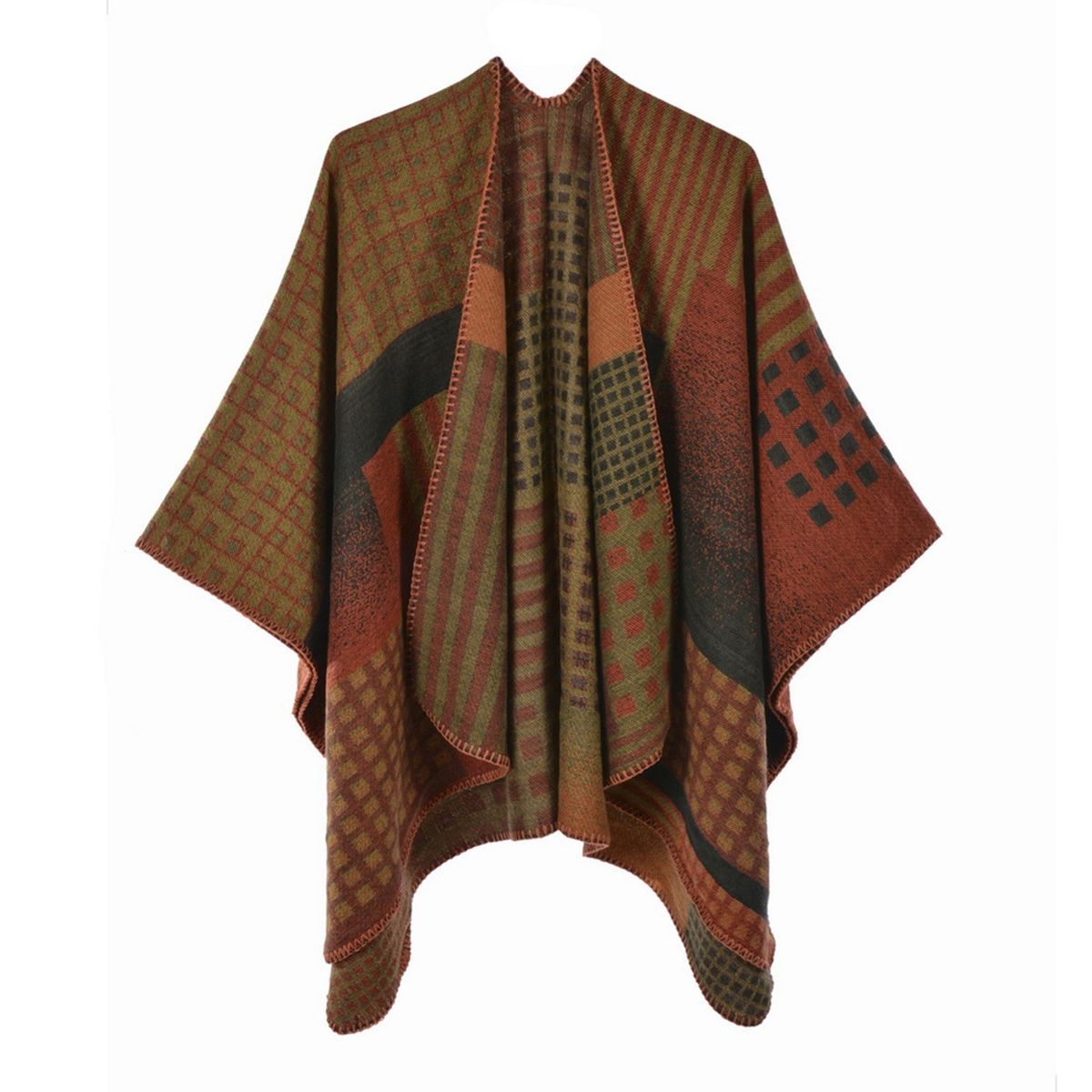 Women Reversible Poncho Cape Plaid Stripe Jacquard Open