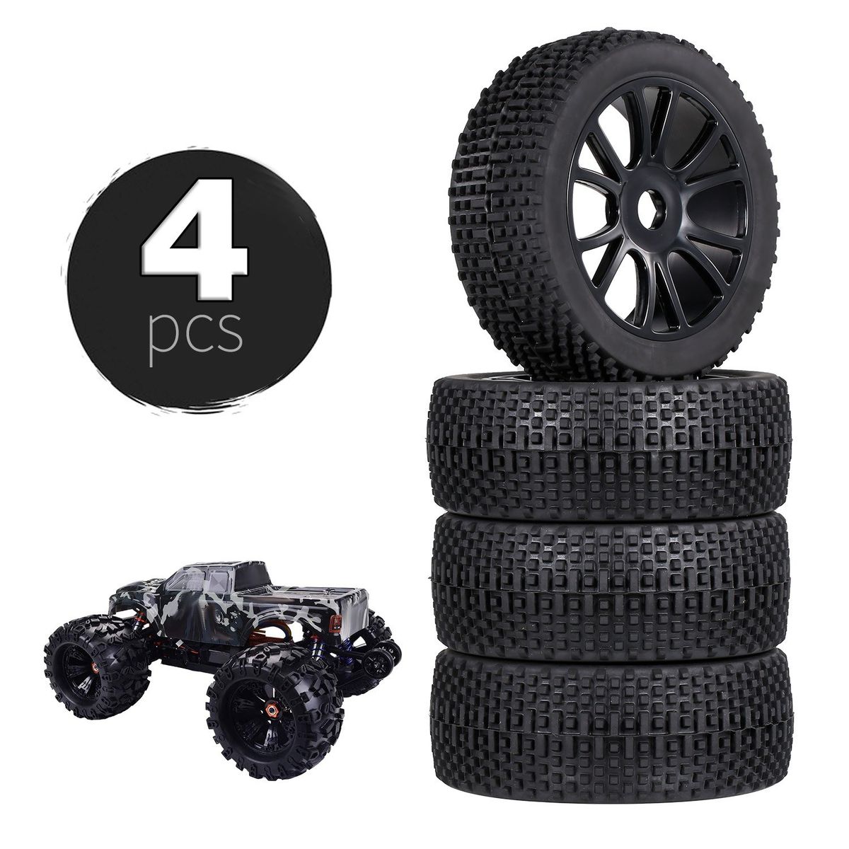 4PCS 1/8 RC Off-Road Rubber Tires For RV/ Flat Car/ Race Car