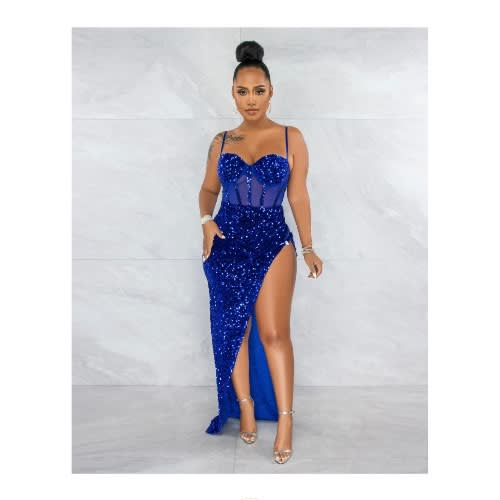 Melisia Mesh Sequins Velvet Maxi Bodysuit Dinner Gown Party Dress -  Royal Blue