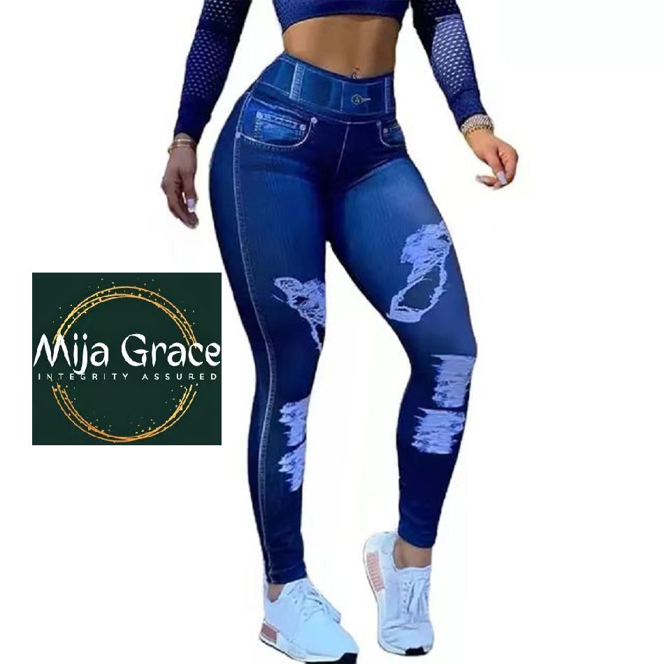 {MijaGrace} Women's High Waist Digital Print Stretch LEGGINGS Pants-Blue-S-5XL