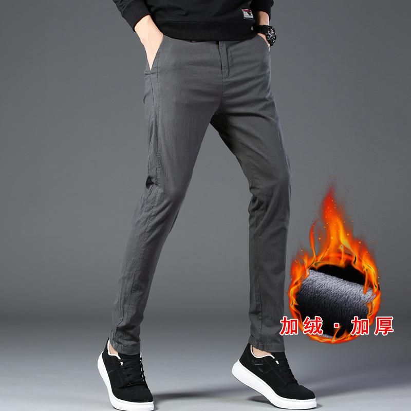 Thick woolen pants for men Casual Korean trousers Warm warm black Gray green for winter Novelty