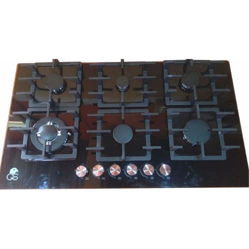 GS 90x54cm Tempered Glass 6 Burner Gas Hob Heavy Grates