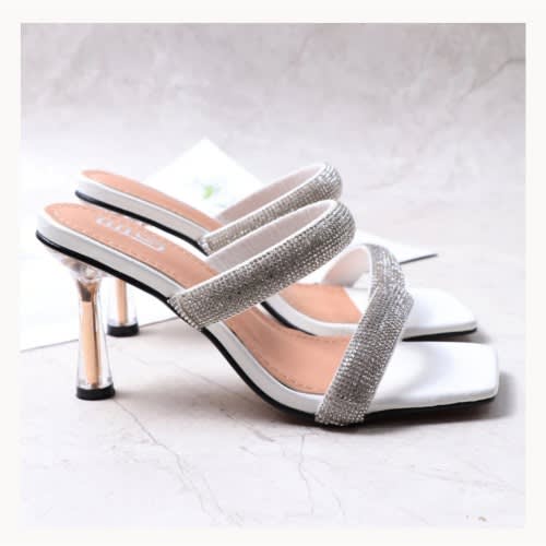 Rhinestone Decor Two Band 8.5cm Stiletto Heeled White Slippers