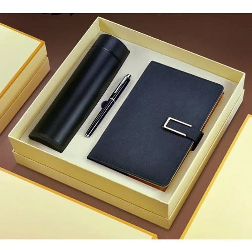 3 In 1 Corporate Gift Set With Notepad, Pen, And Temperature Flask - Black