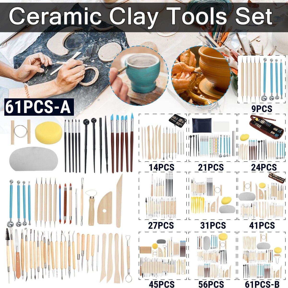 9/14/21/24/27/31/40/45/56/61PCS Pottery Sculpting Tools Clay Shapers Set Kit For Ceramics Hand DIY Modeling Carving And Kids Modeling Gift 31PCS Highly Rocommed!!