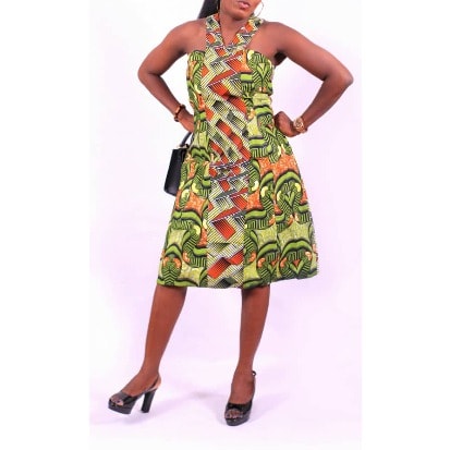 Byola Designs Women's  Two Tone Ankara Halter Neck Dress