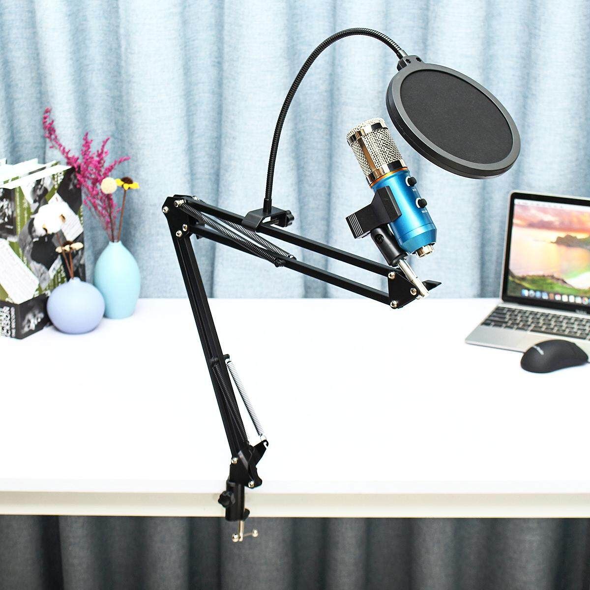 2019 Condenser Microphone Kit Studio Suspension Boom Scissor Arm Sound Card BM900 Blue Silver Mesh Head