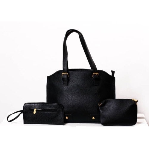 Ladies Leather Buckle Handbag- 3 In 1 - Black