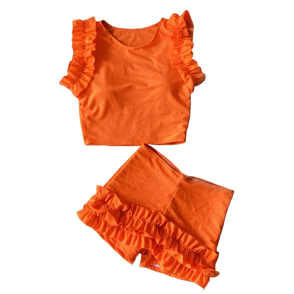 Summer Cute Women Girls Lace Frill Two-Piece Swimsuit Solid Bikini Set Fly Sleeve Padded Crop Tops+Ruffles High Waist Shorts Orange