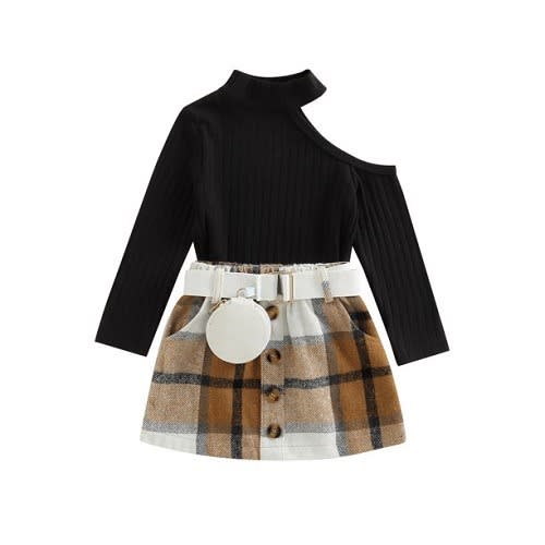 Shoulder Ribbed Knitted Tops With Mini Skirts With Waist Purse - 3 In 1