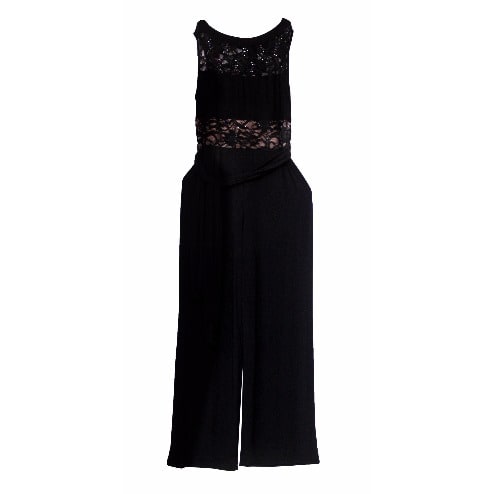 Women's Lace Appliqued Belted Jumpsuit - Black