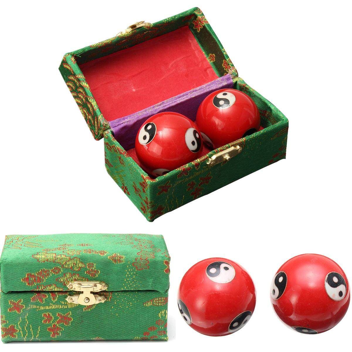 Chinese Health Exercise Stress Relief BAODING Balls Yin Yang Red 42mm + Case