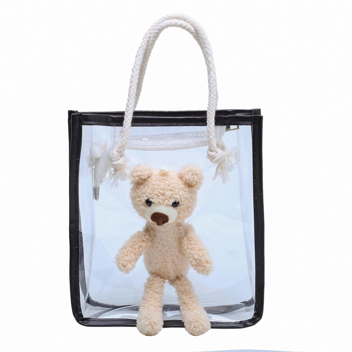 Women Clear Tote Bag with Cute Bear Zipper Closure Fashion Transparent Handbag for Beach Work Sport