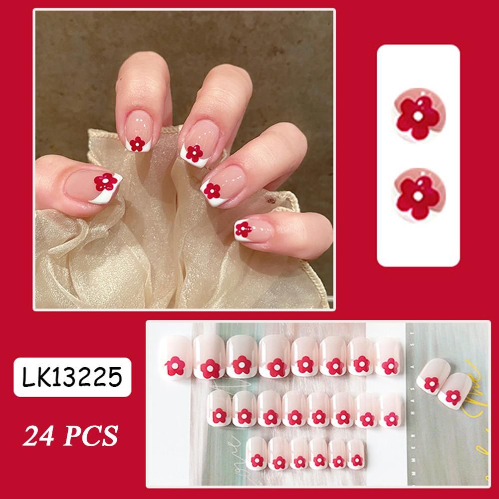 24PCS Long Press on Nails Red Flowers Design Sweet Style