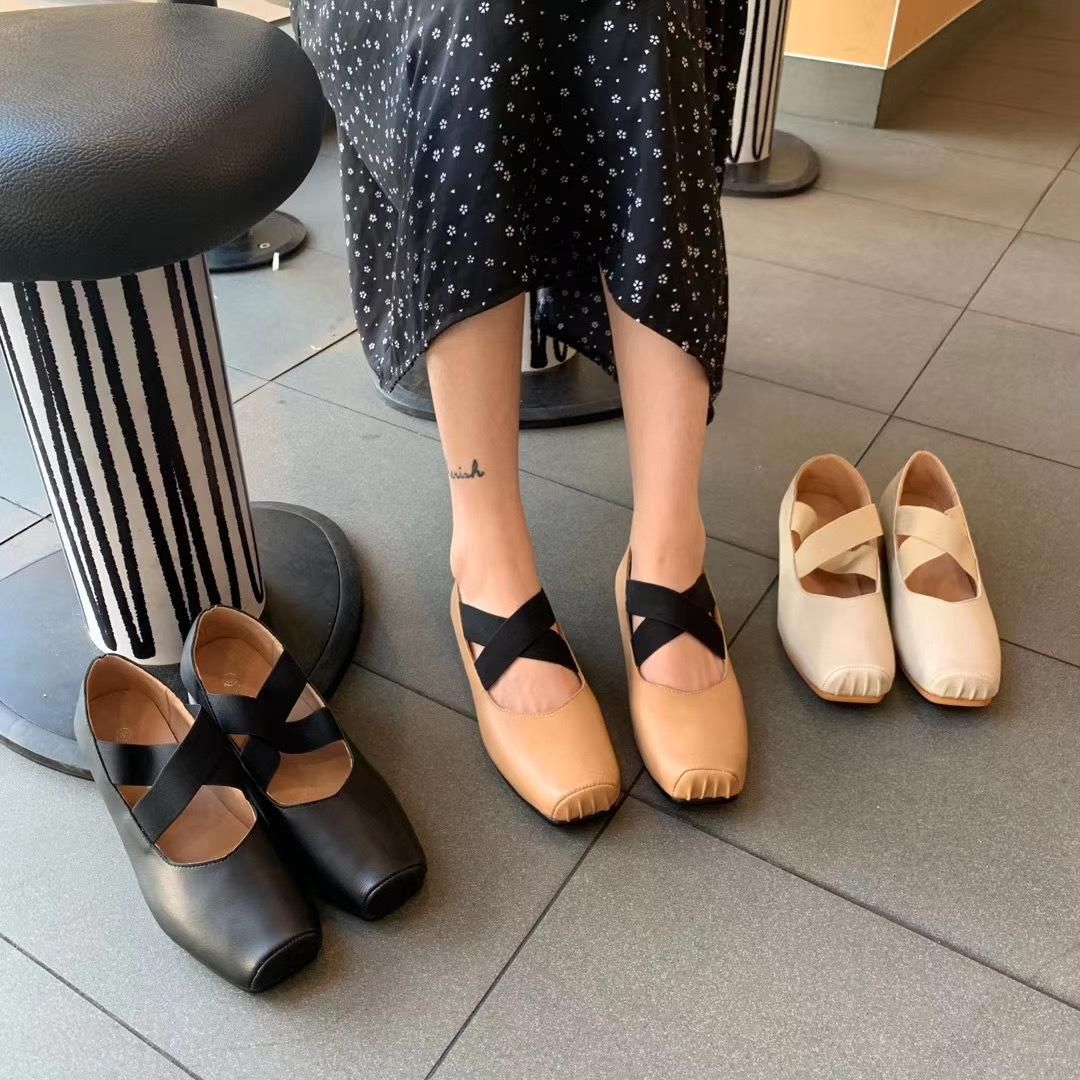 Pig Nose Square Head Ballet Shoes Flat Bottom Female Cross Strap Mary Jane Single Shoes Thick Heels