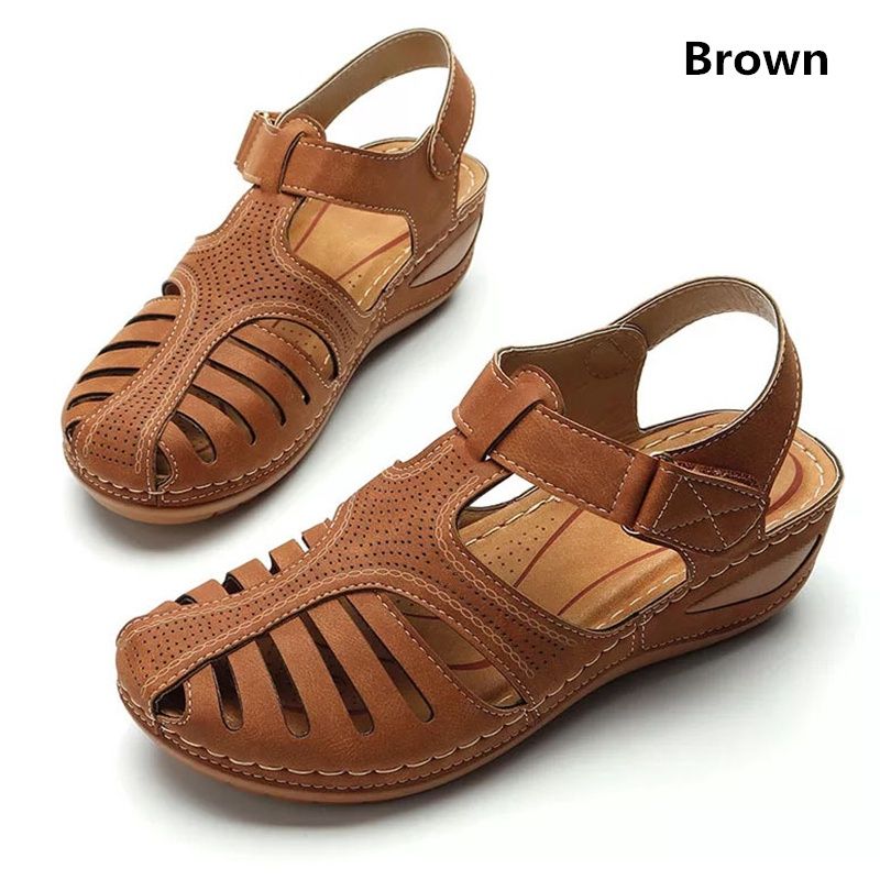 Women Wedge Sandals Retro Wedge Heels Sandal（brown）