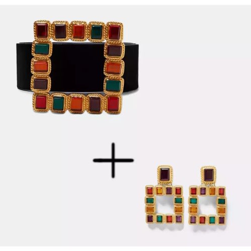 Classic Square Rhinestone Buckle Leather Belt With Matching Earring