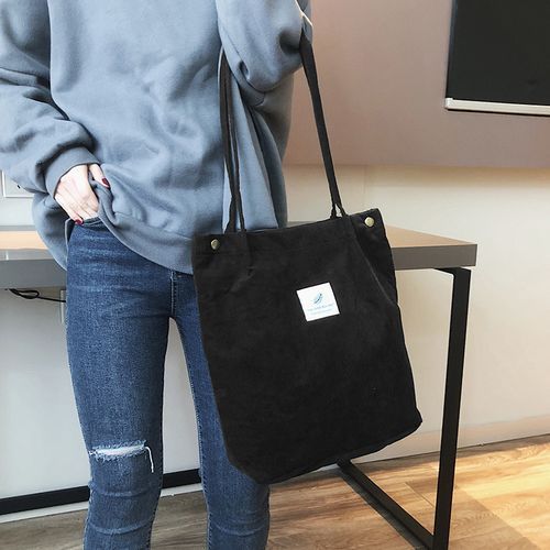 Women Shoulder Bags Corduroy Totes Vintage Holiday Shopping Handbag - Black