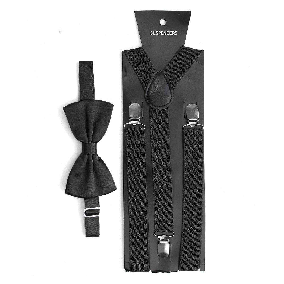 Mens Clip-on Suspenders Elastic Adjustable Y-Back Braces With Bow Tie Suit Set Black