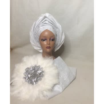 Asooke Auto Gele With Hand Fan - White & Silver Glitters