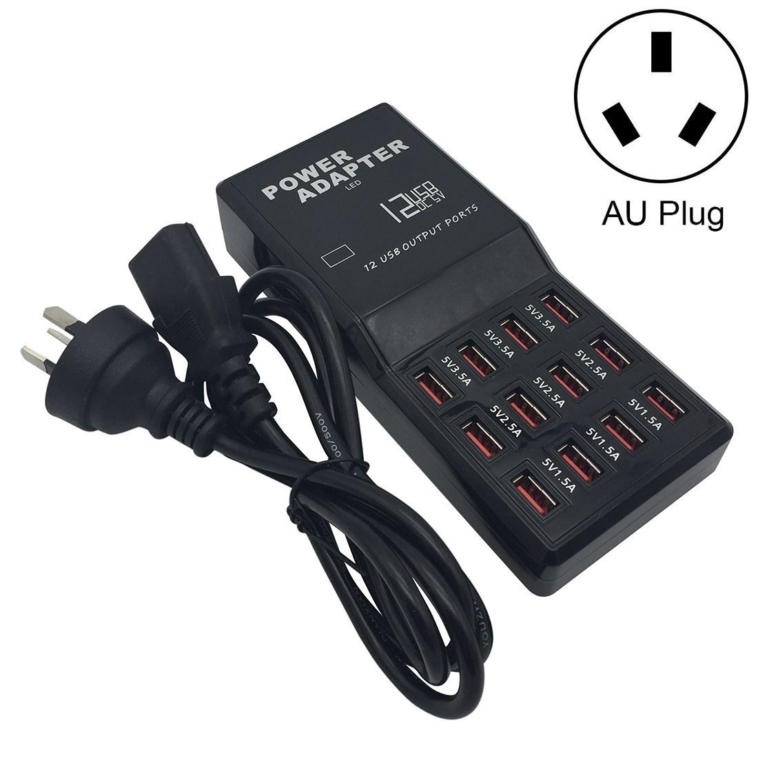 12A 12 Ports USB Fast Charging Dock Desktop Smart Charger AC100-240V, AU Plug (Black)
