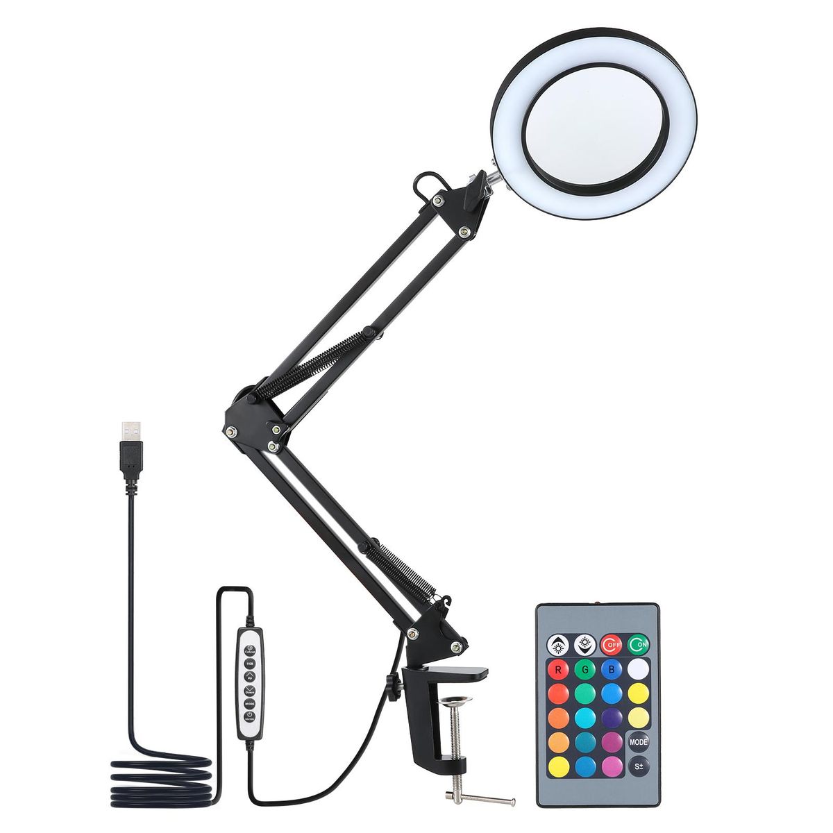 D C5V 2A 8W 80LEDs Desk Light with 5x Magnifier Swing Arm Clamp-on Table Lamp USB Operated Powered with Controller 3 Colors Temperature Changing/ 10 Levels Dimmable Brightness Adjustable/ 3 Levels Speed Adjustable/ 15 Colorful Light Switching/ 9 Lighting