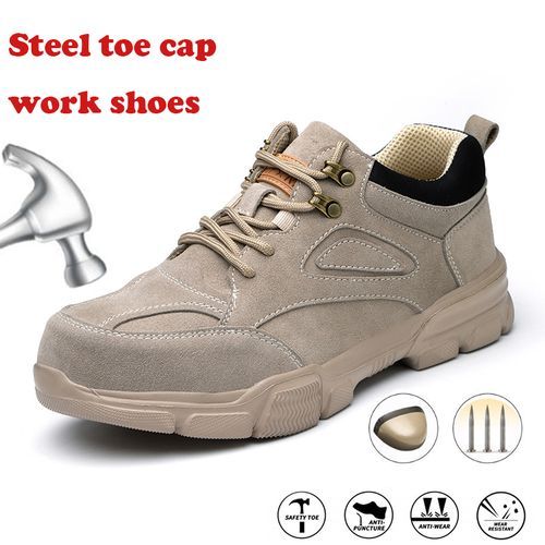 Men's Safety Shoes Steel Toe Work Boots Non-slip Sole Breathable Safety Shoes Steel Toe-Beige