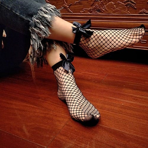 Women Black Breathable Fishnet Socks With Black Bow Tie