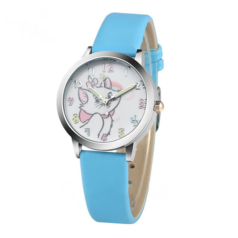 Cute Cat Cartoon Mosaic Watch Child Leather Watches Cat Pattern Watch Women Wristwatches Clock Feminino Girl Watches(sky blue)