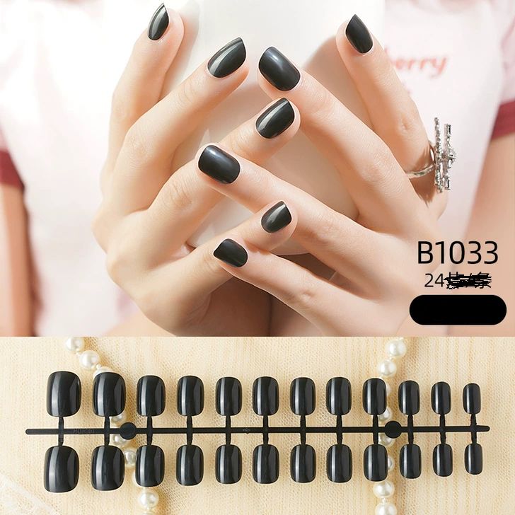 24Pcs Short Black Press On Design Fake Nails + Glue