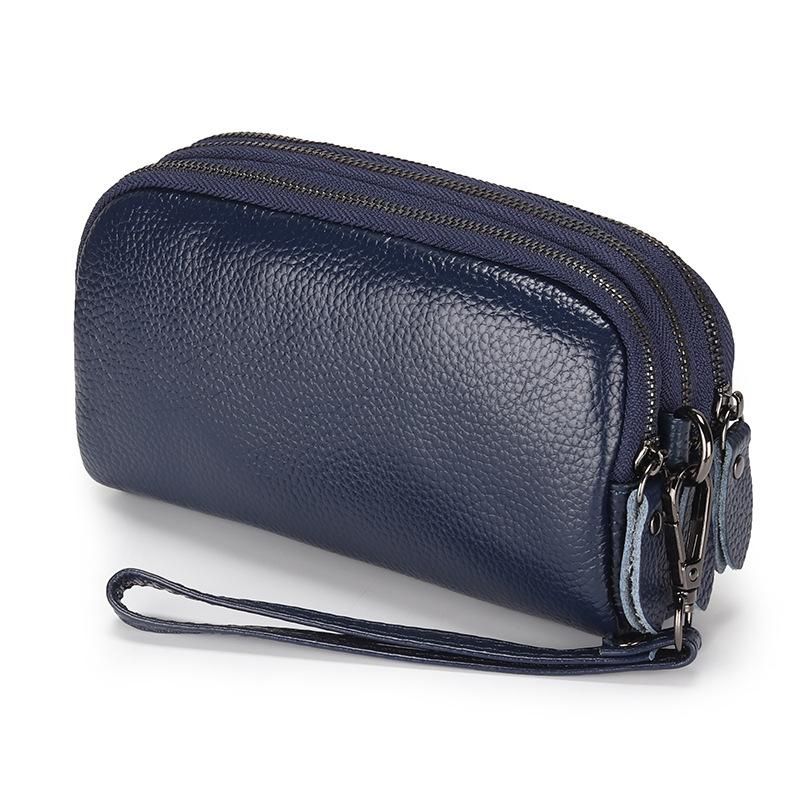 Genuine leather clutch bag 2023 new European and American women's three-layer small handbag simple top layer cowhide change mobile phone bag trend Royal blue