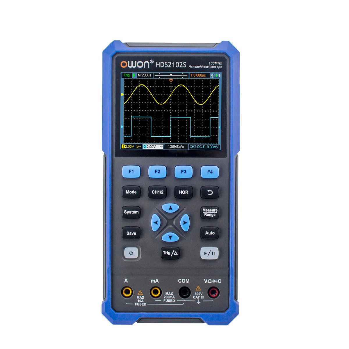 OWON HDS2102S 3 in 1 Handheld Digital Oscilloscope Multimeter Waveform Generator 100MHz 500MSa/s Dual Channels Oscilloscope True RMS 20000 Counts Multi Tester 3.5-inch Color LCD Rechargeable Type-C Interface