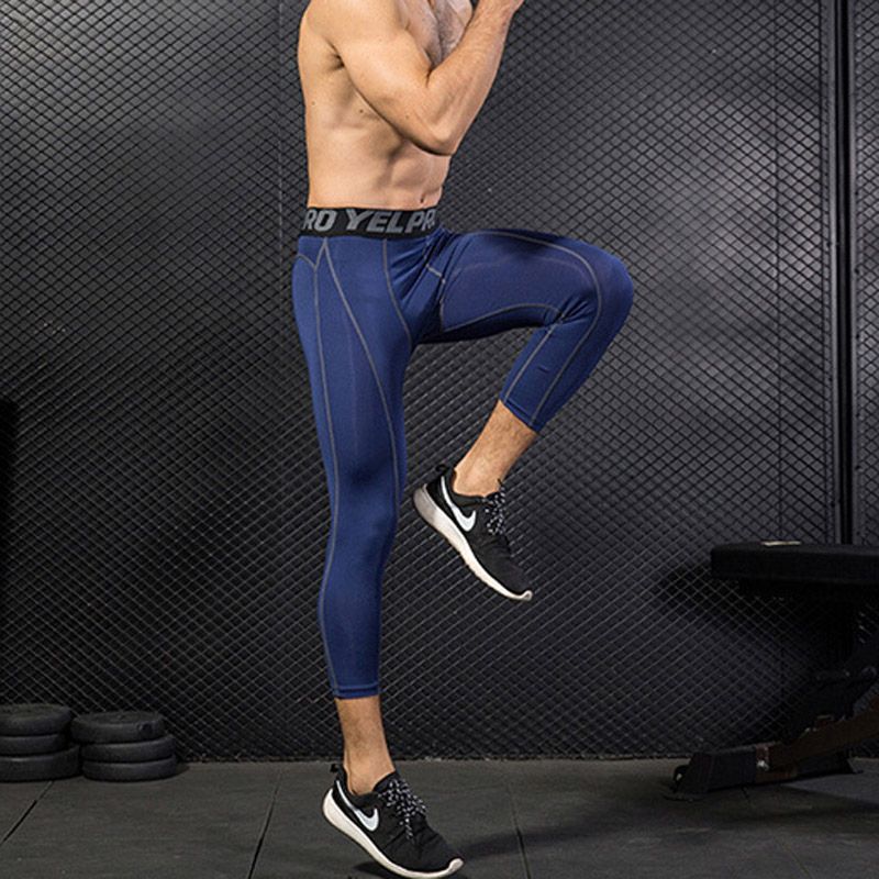 Men Sport Cropped Trousers,High Waist Leggings Sport Pants Tights（Navy Blue）