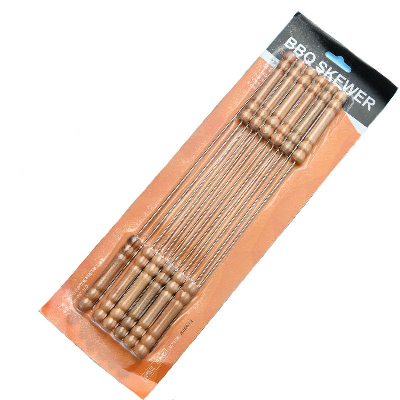 10Pcs Stainless Steel BBQ Wooden Handle Outdoor Cooking Tool