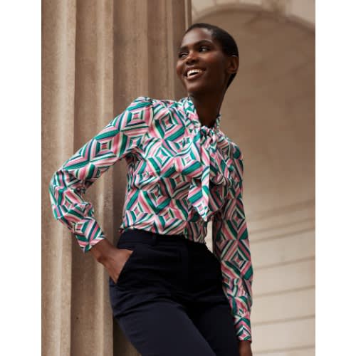 Green & Pink Diamond Satin Pussy Bow Blouse