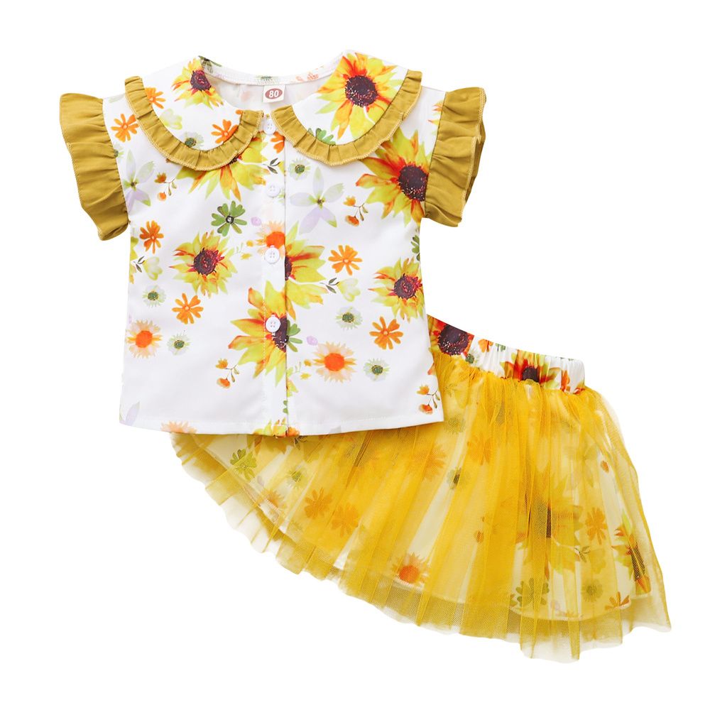 2-6 Years Kid Girl 2PCS Suit Set/Floral Sleeveless Blouse+Tulle Skirt