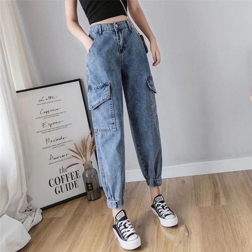 (dark Blue)Big Pocket Baggy Denim Cargo Pants Women Blue Boyfriend High Waist Casual Jeans Mujer Streetwear Banded Pantalones De Mezclilla ACU