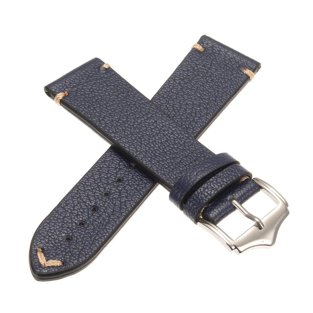 20mm Vintage Calf Leather Wrist Watch Band Strap Belt Buckle Litchi Stripe Blue 22mm